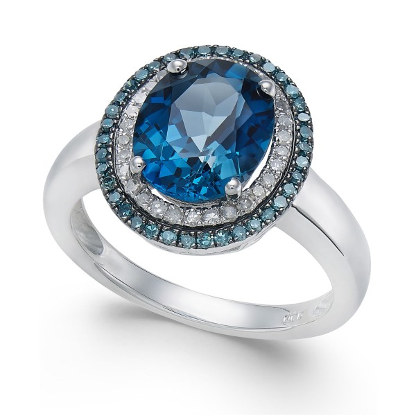 Blue (2-3/4 ct. ) Blue and White (1/3 ct. ) Oval Ring in 14k White Gold